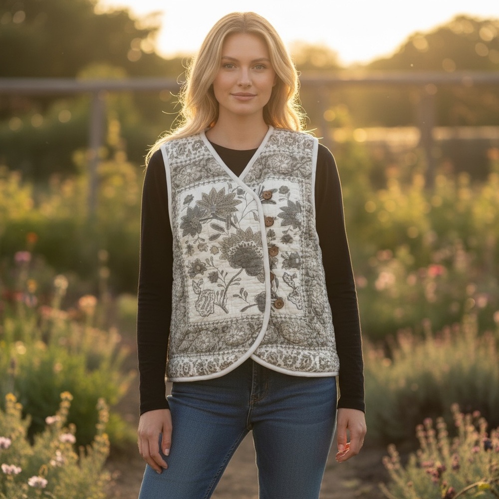 Quilted Button Front White Botanical Print Cropped Vest